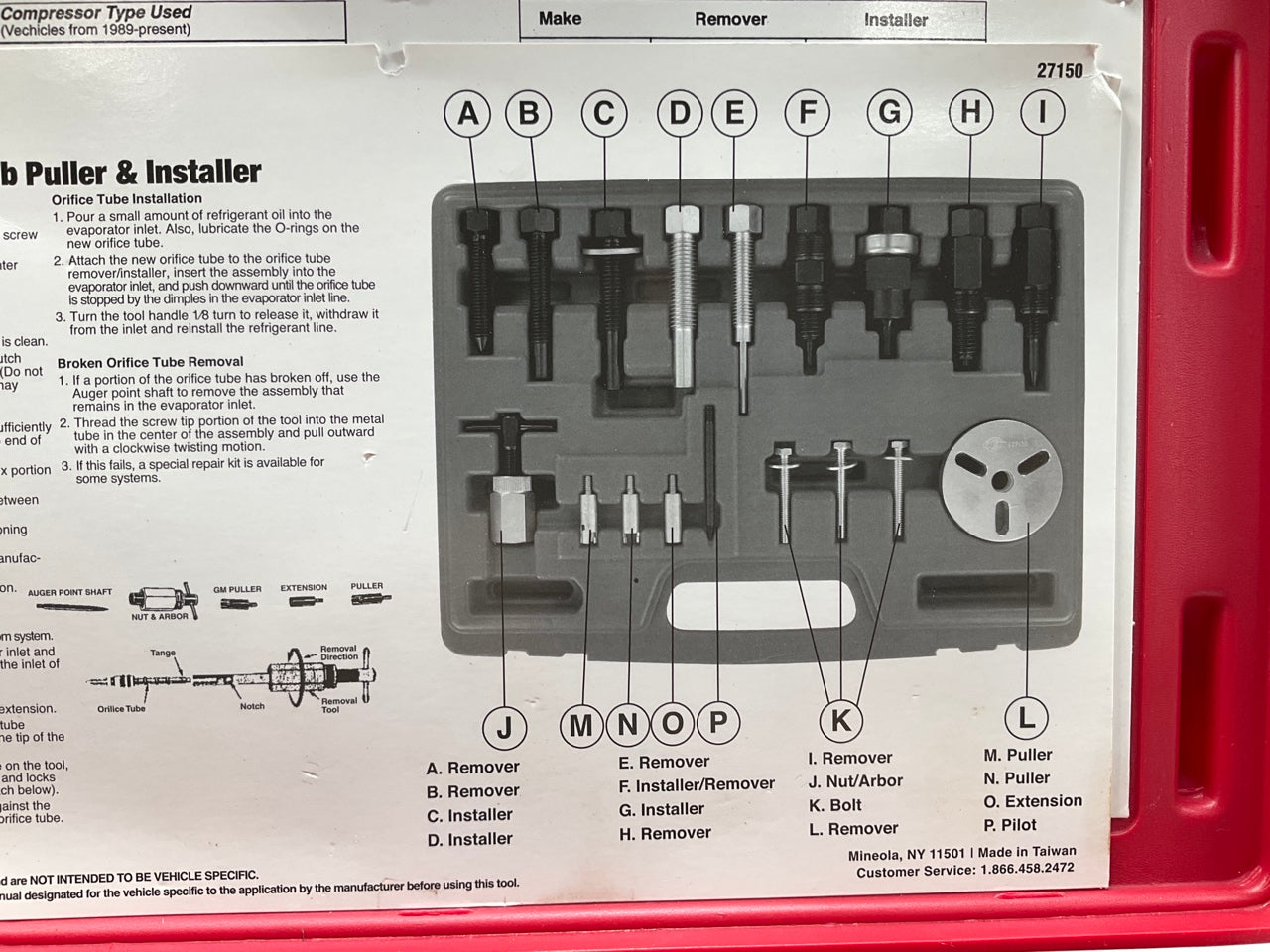 USED #36 OEM TOOLS 27150 A/C Compressor Clutch Hub Removal Install Tool Set Kit