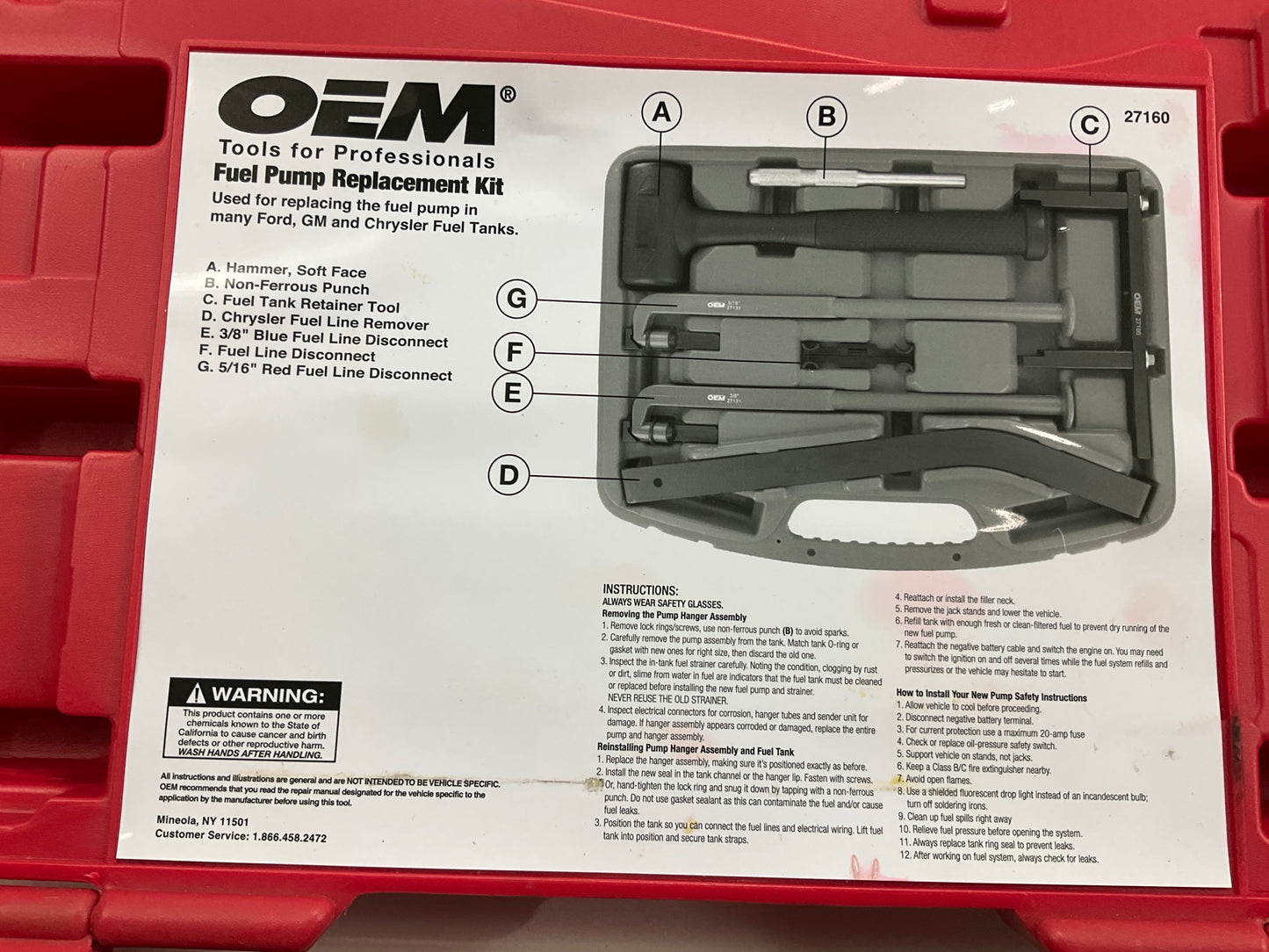 USED #16 OEM TOOLS 27160 Fuel Pump Replacement Tool Set Kit For GM Chrysler Ford