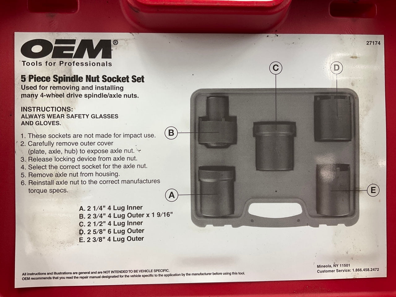 USED #13 OEM Tools 27174 1/2'' Drive 5-Piece Spindle Nut Locknut Axle Socket Set