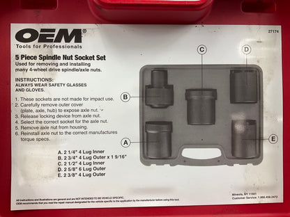 USED #13 OEM Tools 27174 1/2'' Drive 5-Piece Spindle Nut Locknut Axle Socket Set