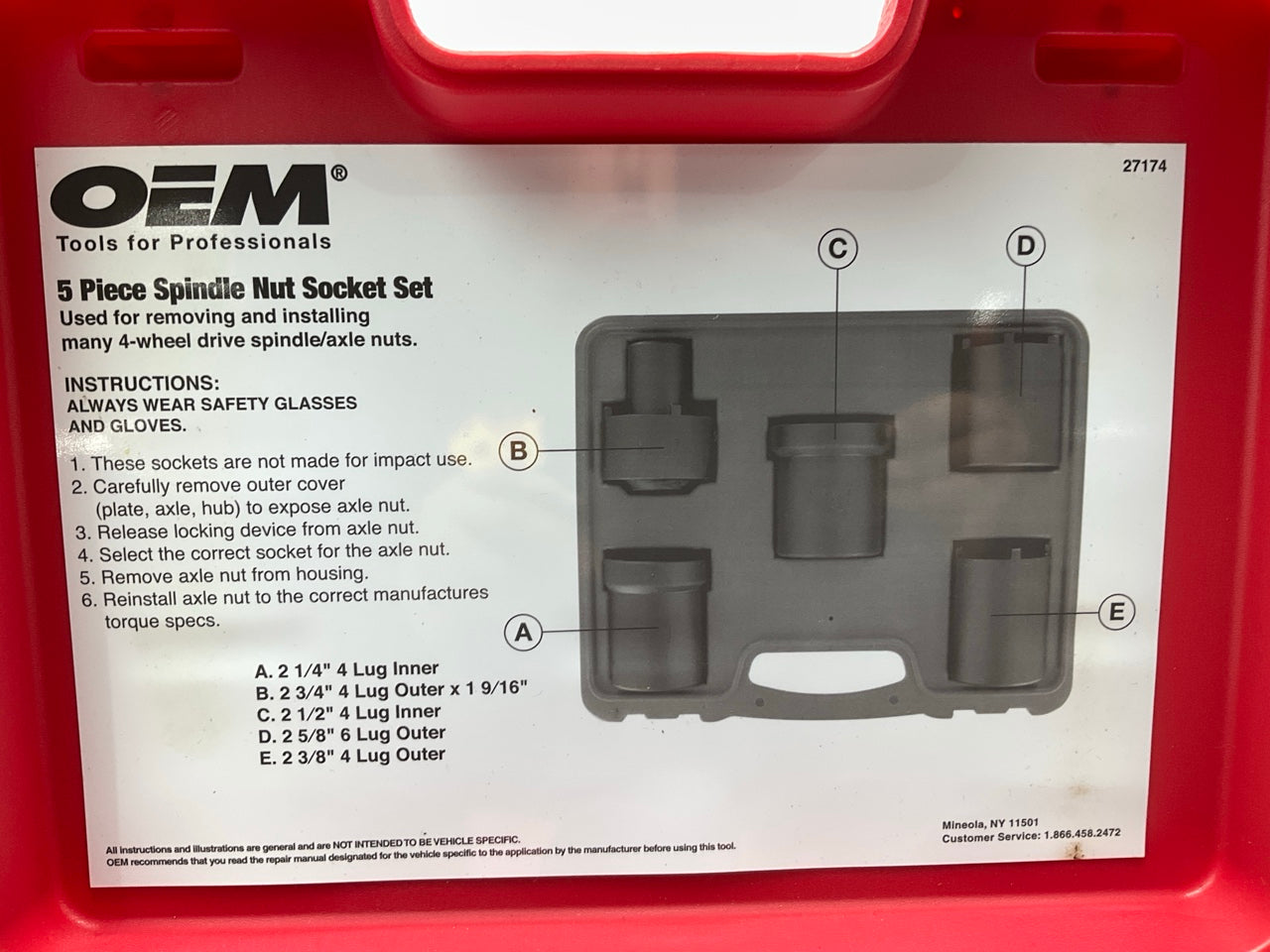 USED #14 OEM Tools 27174 1/2'' Drive 5-Piece Spindle Nut Locknut Axle Socket Set