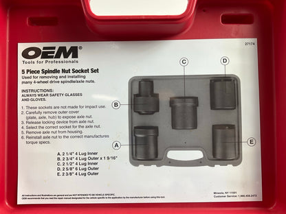 USED #21 OEM Tools 27174 1/2'' Drive 5-Piece Spindle Nut Locknut Axle Socket Set