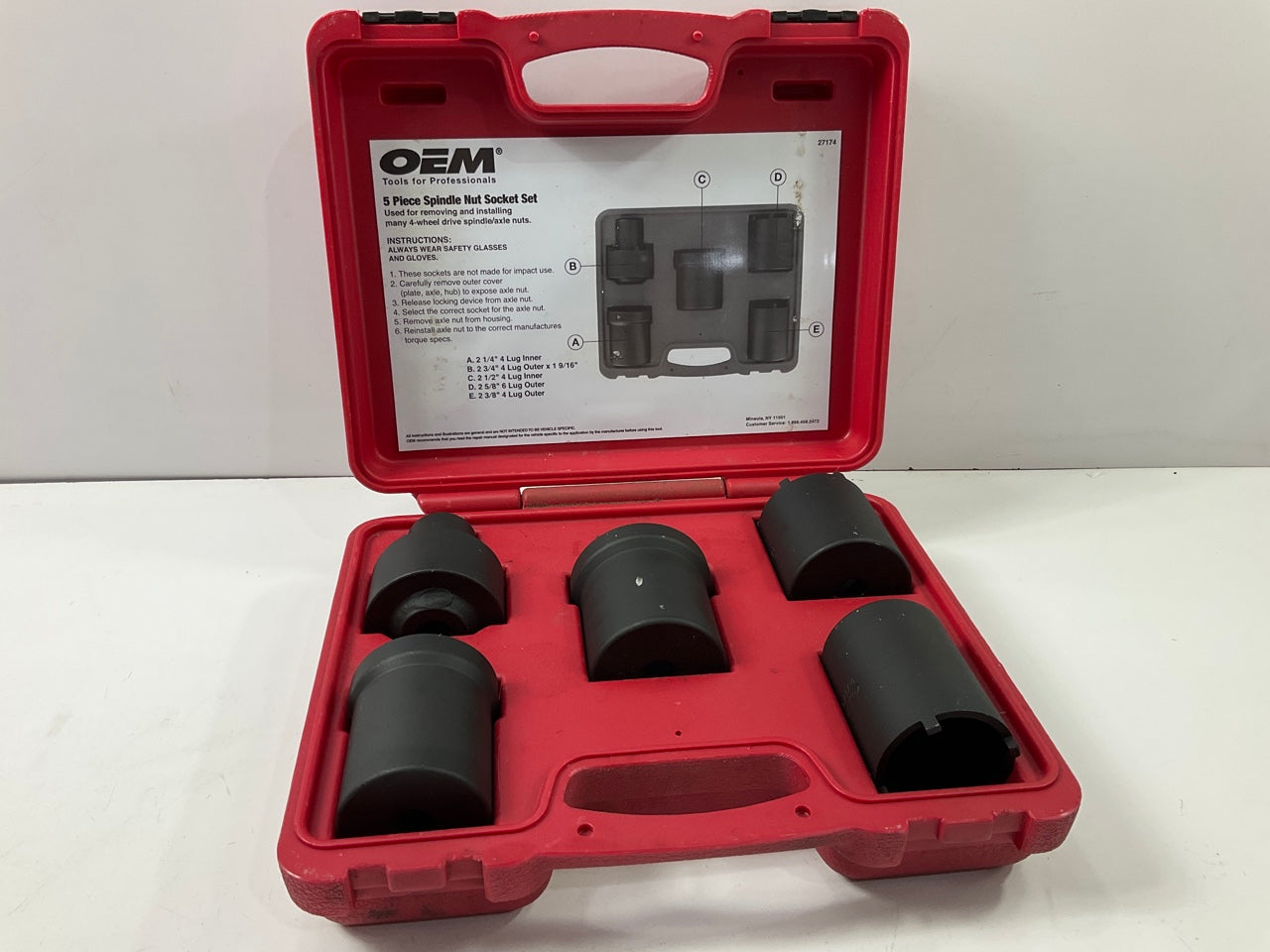 USED #24 OEM Tools 27174 1/2'' Drive 5-Piece Spindle Nut Locknut Axle Socket Set