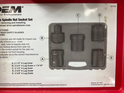 USED #24 OEM Tools 27174 1/2'' Drive 5-Piece Spindle Nut Locknut Axle Socket Set