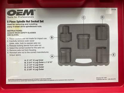 USED #25 OEM Tools 27174 1/2'' Drive 5-Piece Spindle Nut Locknut Axle Socket Set