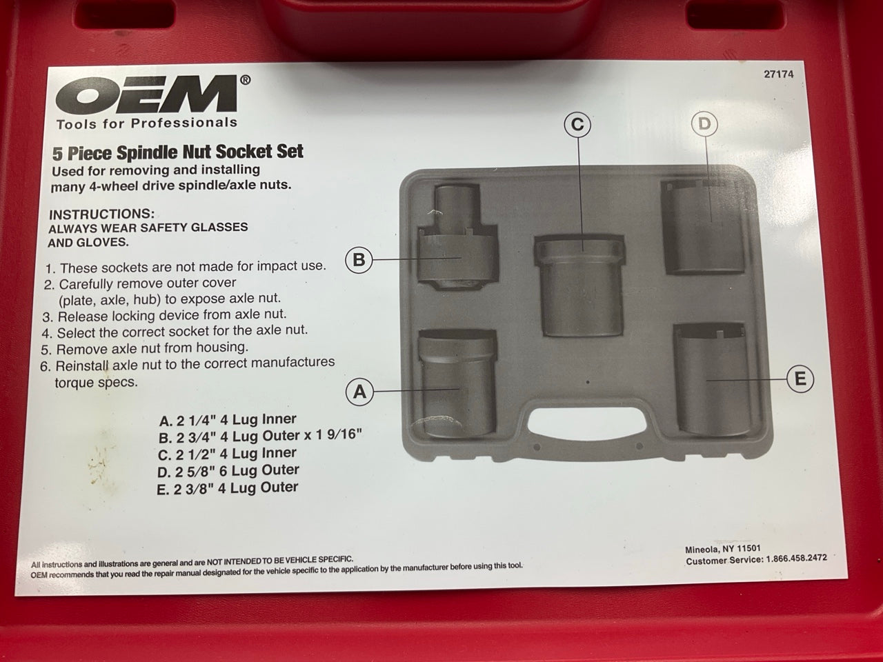USED #27 OEM Tools 27174 1/2'' Drive 5-Piece Spindle Nut Locknut Axle Socket Set