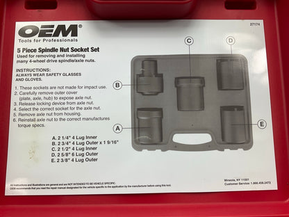 USED #27 OEM Tools 27174 1/2'' Drive 5-Piece Spindle Nut Locknut Axle Socket Set