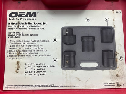 USED #29 OEM Tools 27174 1/2'' Drive 5-Piece Spindle Nut Locknut Axle Socket Set