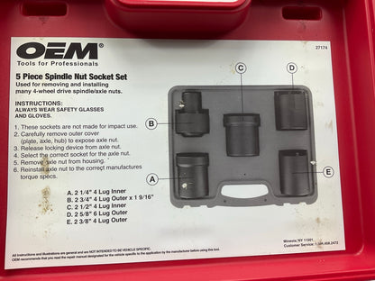 USED #31 OEM Tools 27174 1/2'' Drive 5-Piece Spindle Nut Locknut Axle Socket Set