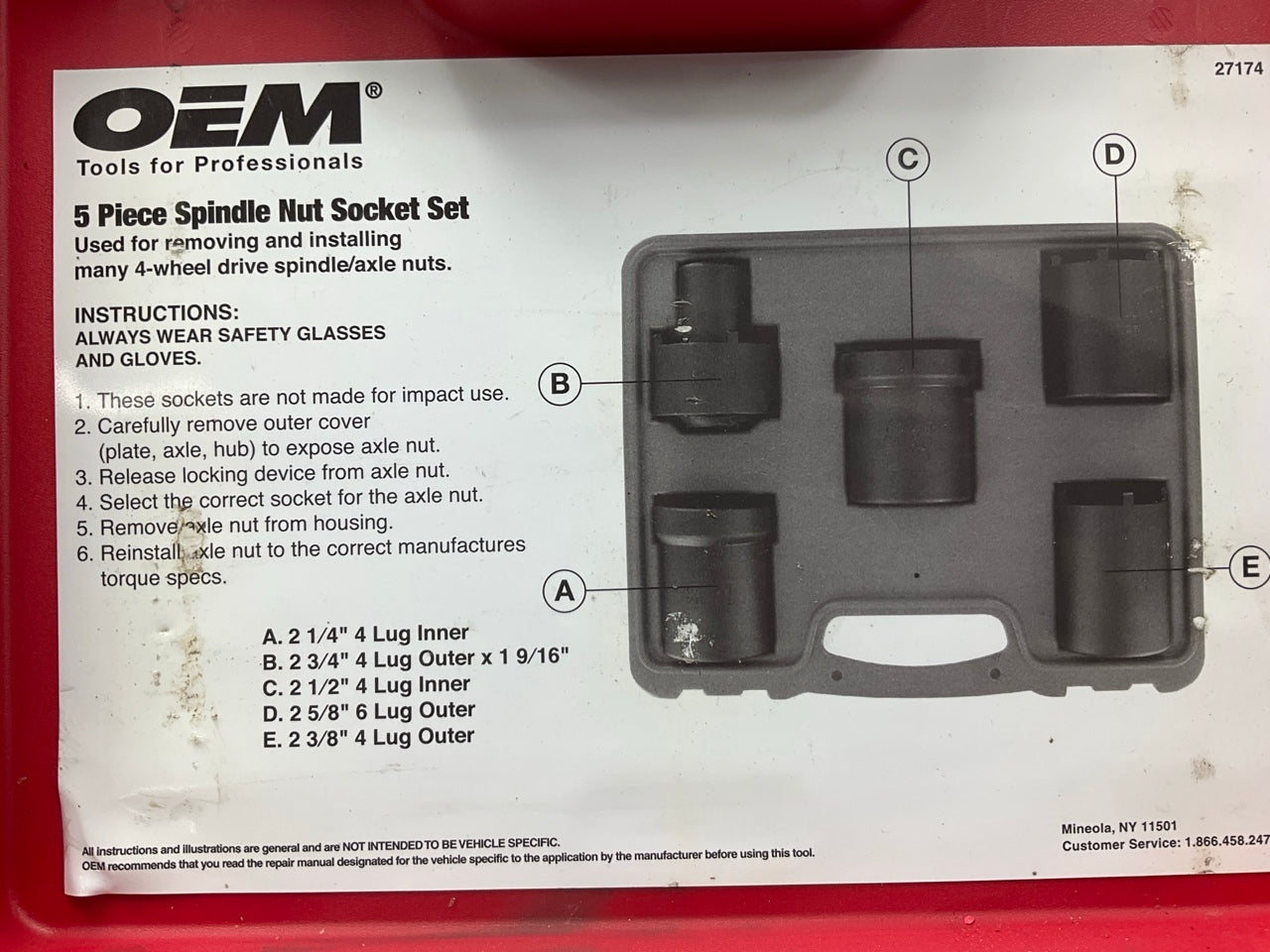 USED #33 OEM Tools 27174 1/2'' Drive 5-Piece Spindle Nut Locknut Axle Socket Set