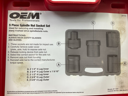 USED #38 OEM Tools 27174 1/2'' Drive 5-Piece Spindle Nut Locknut Axle Socket Set