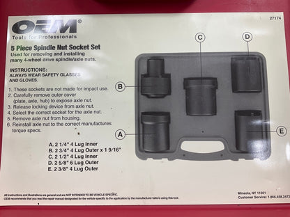 USED #41 OEM Tools 27174 1/2'' Drive 5-Piece Spindle Nut Locknut Axle Socket Set
