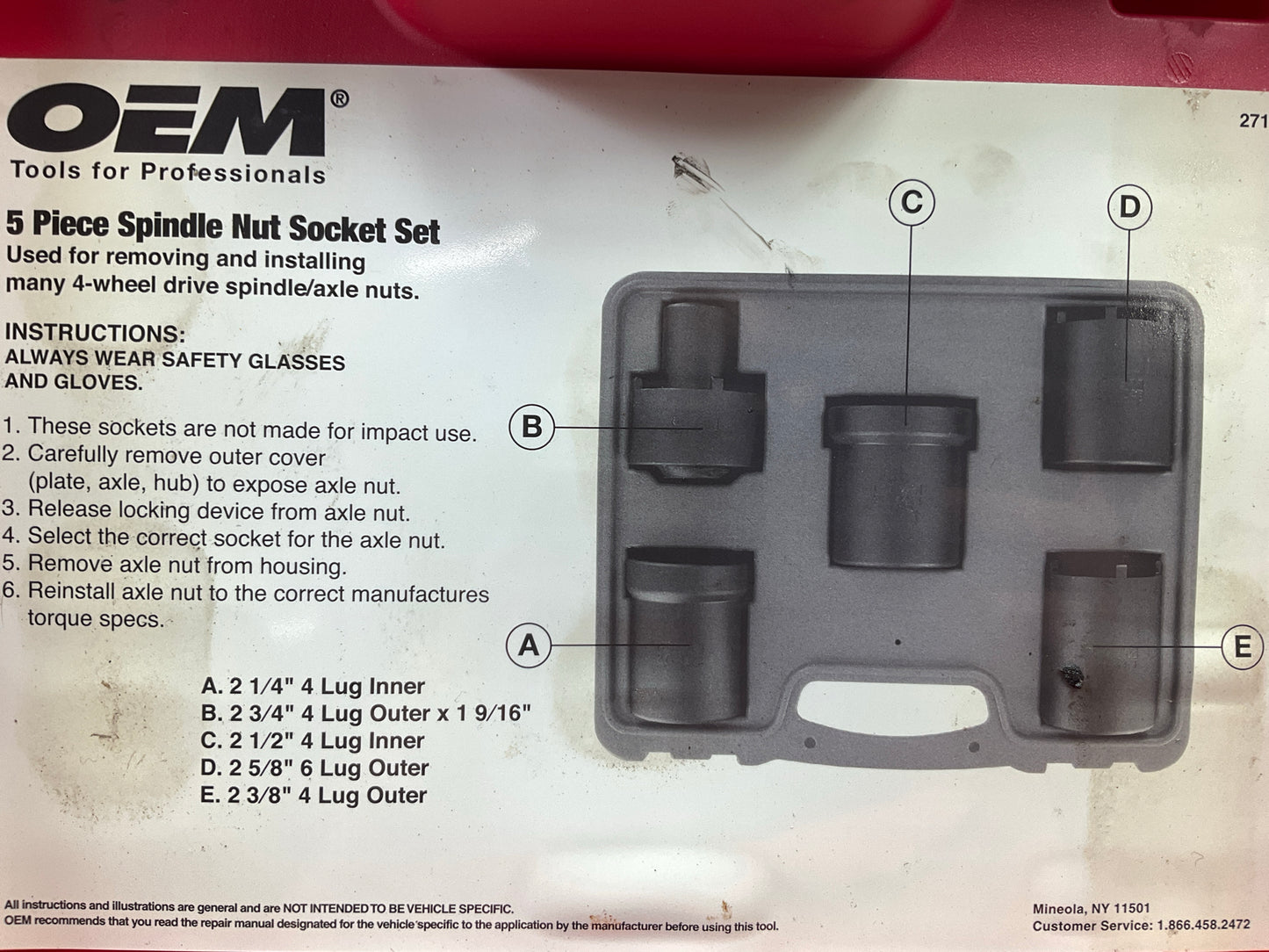 USED #45 OEM Tools 27174 1/2'' Drive 5-Piece Spindle Nut Locknut Axle Socket Set