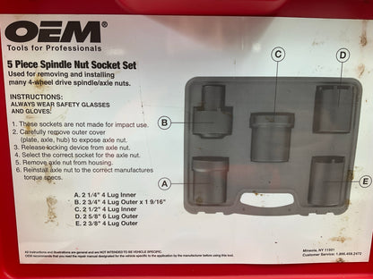 USED #46 OEM Tools 27174 1/2'' Drive 5-Piece Spindle Nut Locknut Axle Socket Set