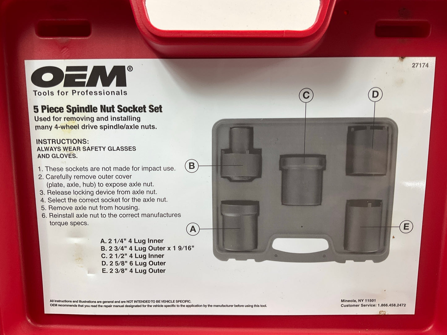 USED #48 OEM Tools 27174 1/2'' Drive 5-Piece 4WD Spindle Nut Remover Socket Tool