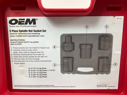 USED #48 OEM Tools 27174 1/2'' Drive 5-Piece 4WD Spindle Nut Remover Socket Tool