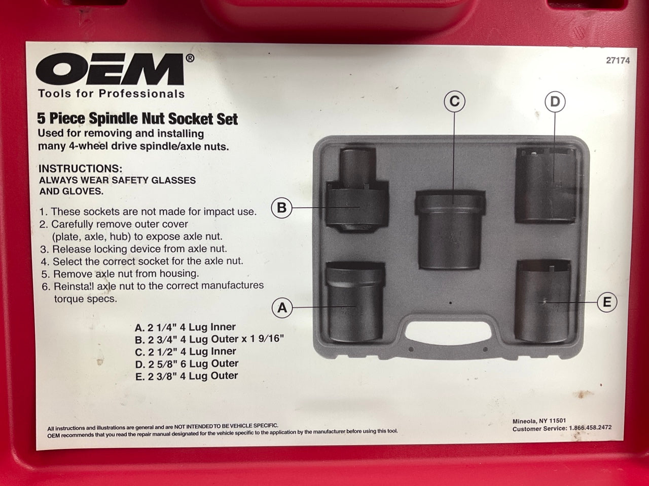 USED #49 OEM Tools 27174 1/2'' Drive 5-Piece 4WD Spindle Nut Remover Socket Tool