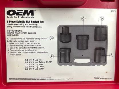 USED #49 OEM Tools 27174 1/2'' Drive 5-Piece 4WD Spindle Nut Remover Socket Tool