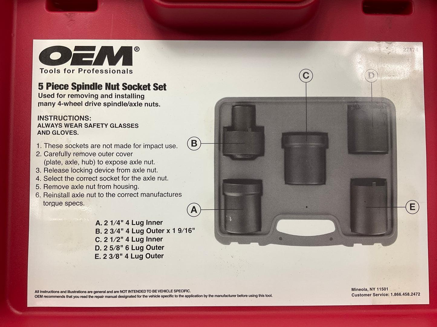 USED #50 OEM Tools 27174 1/2'' Drive 5-Piece Spindle Nut Locknut Axle Socket Set