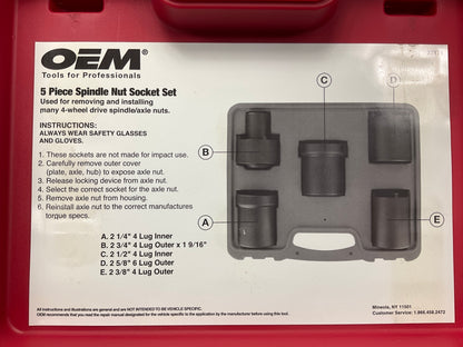 USED #50 OEM Tools 27174 1/2'' Drive 5-Piece Spindle Nut Locknut Axle Socket Set