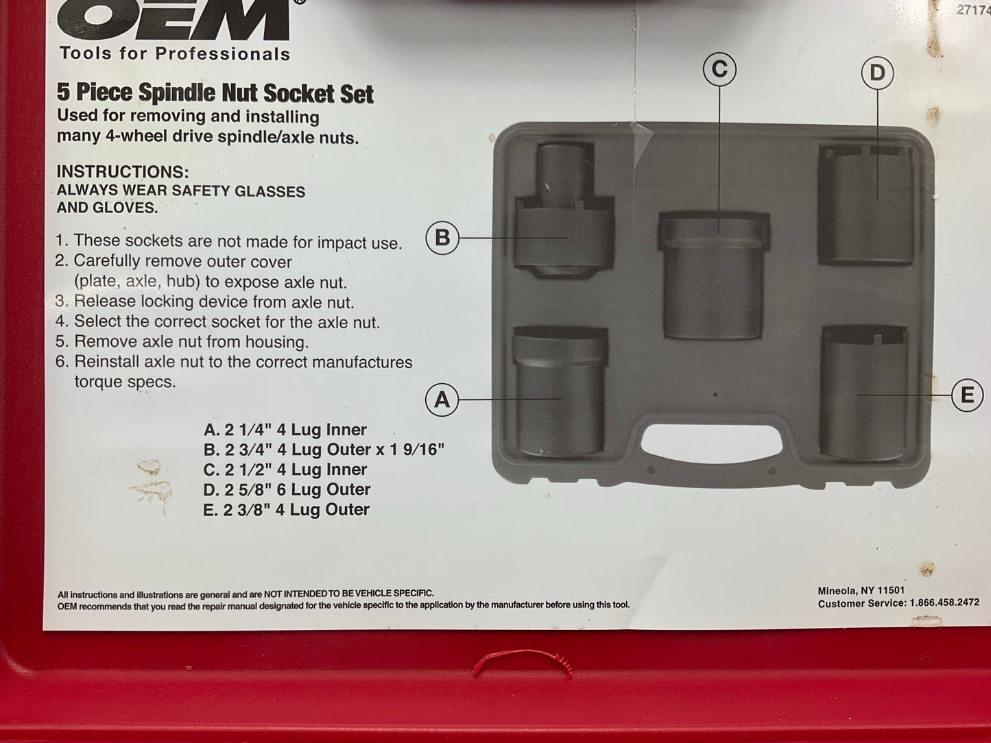 USED #51 OEM Tools 27174 1/2'' Drive 5-Piece Spindle Nut Locknut Axle Socket Set
