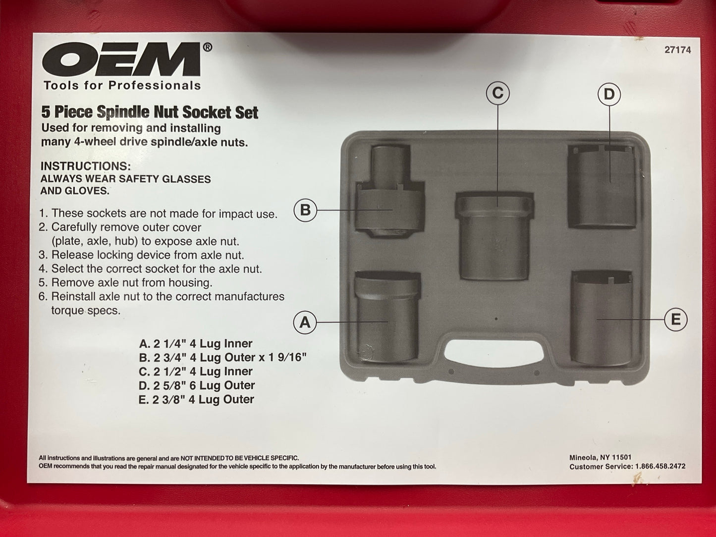 USED #52 OEM Tools 27174 1/2'' Drive 5-Piece Spindle Nut Locknut Axle Socket Set