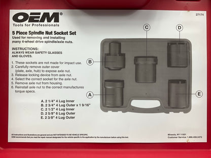 USED #52 OEM Tools 27174 1/2'' Drive 5-Piece Spindle Nut Locknut Axle Socket Set
