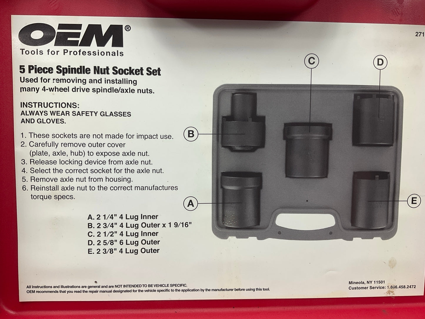 USED #53 OEM Tools 27174 1/2'' Drive 5-Piece Spindle Nut Locknut Axle Socket Set