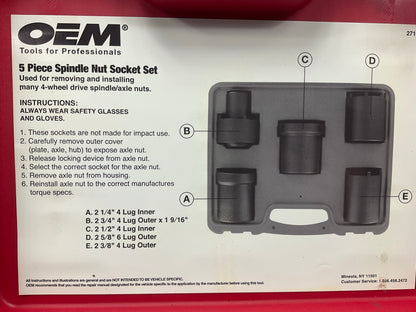 USED #53 OEM Tools 27174 1/2'' Drive 5-Piece Spindle Nut Locknut Axle Socket Set