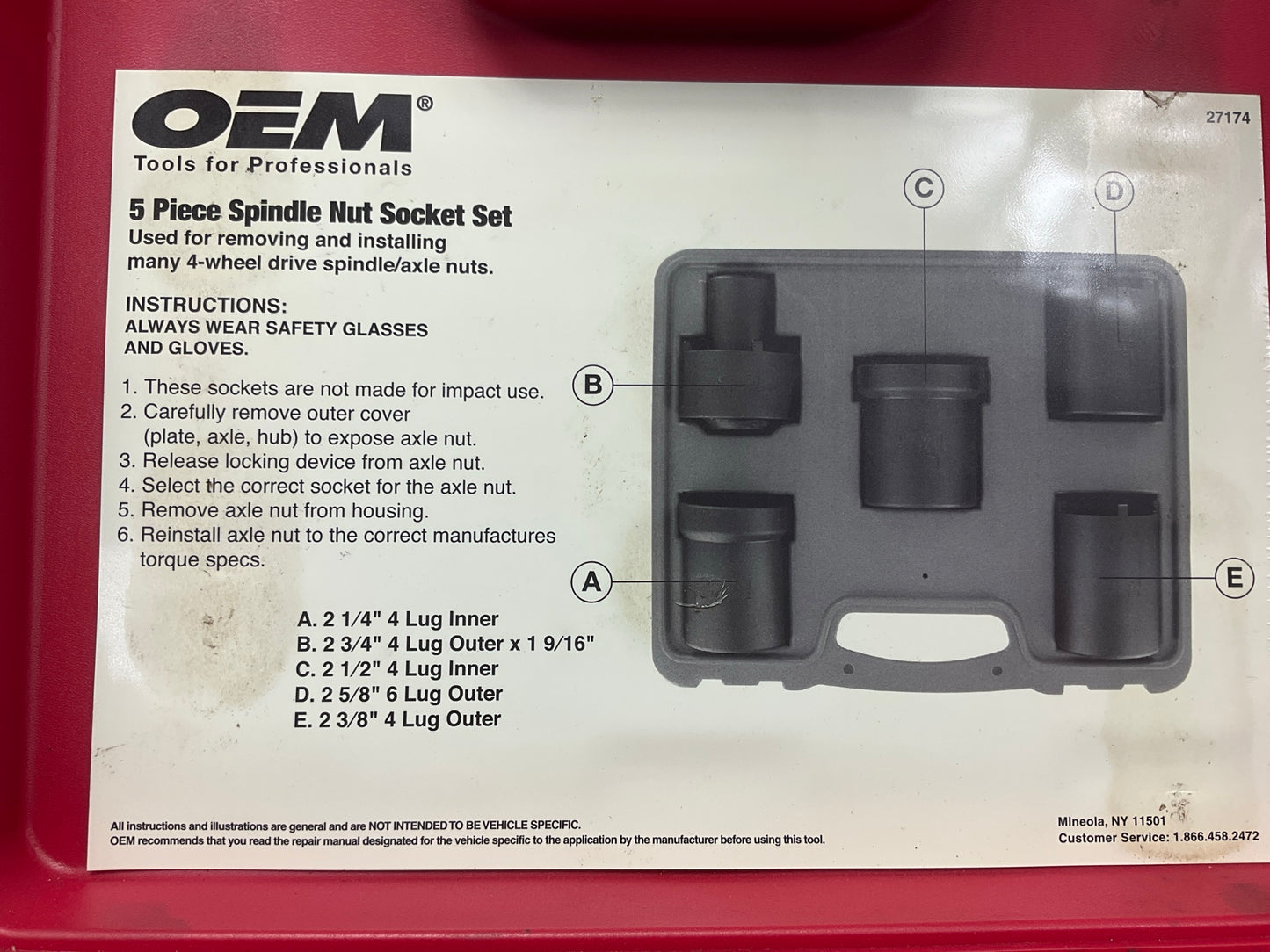 USED #54 OEM Tools 27174 1/2'' Drive 5-Piece Spindle Nut Locknut Axle Socket Set