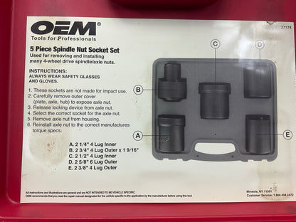 USED #54 OEM Tools 27174 1/2'' Drive 5-Piece Spindle Nut Locknut Axle Socket Set