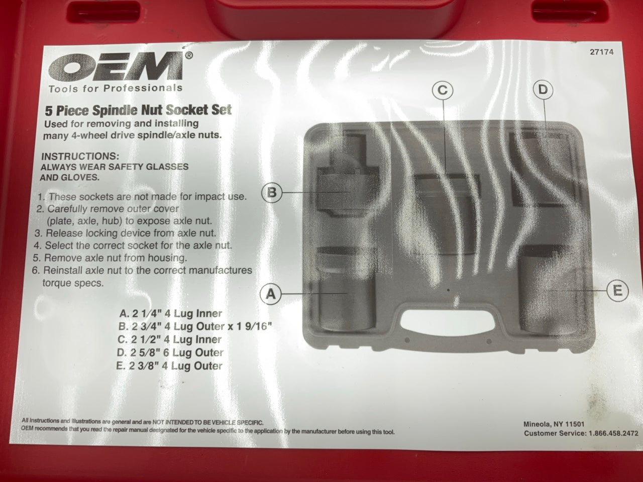 USED #56 OEM Tools 27174 1/2'' Drive 5-Piece Spindle Nut Locknut Axle Socket Set