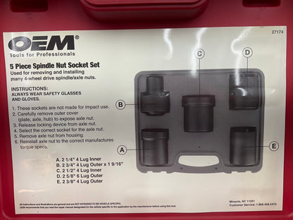 USED #59 OEM Tools 27174 1/2'' Drive 5-Piece Spindle Nut Locknut Axle Socket Set