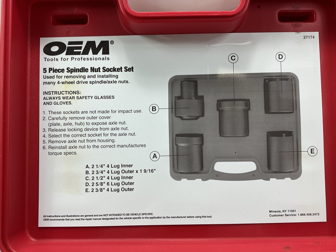 USED #61 OEM Tools 27174 1/2'' Drive 5-Piece Spindle Nut Locknut Axle Socket Set