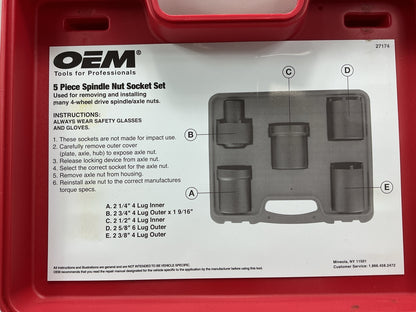 USED #61 OEM Tools 27174 1/2'' Drive 5-Piece Spindle Nut Locknut Axle Socket Set