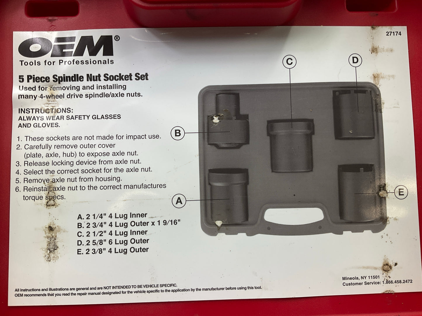 USED #62 OEM Tools 27174 1/2'' Drive 5-Piece Spindle Nut Locknut Axle Socket Set