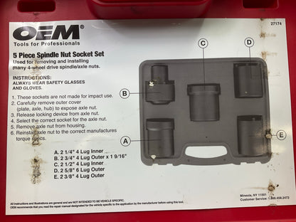 USED #62 OEM Tools 27174 1/2'' Drive 5-Piece Spindle Nut Locknut Axle Socket Set