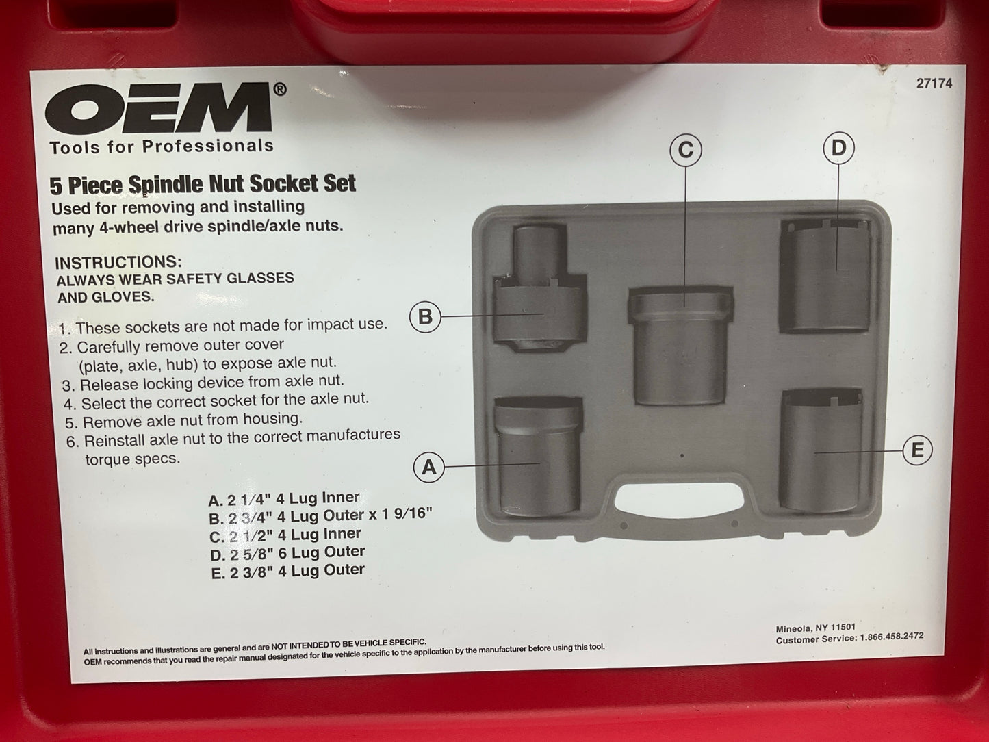 USED #64 OEM Tools 27174 1/2'' Drive 5-Piece Spindle Nut Locknut Axle Socket Set