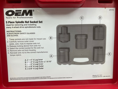 USED #64 OEM Tools 27174 1/2'' Drive 5-Piece Spindle Nut Locknut Axle Socket Set