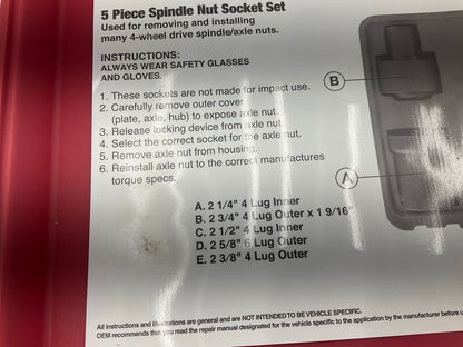 USED #65 OEM Tools 27174 1/2'' Drive 5-Piece Spindle Nut Locknut Axle Socket Set