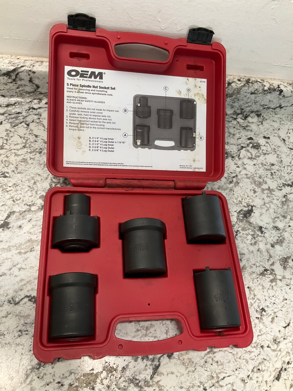USED  OEM Tools 27174 1/2'' Drive 5-Piece 4WD Spindle Nut Remover Socket Tool Set