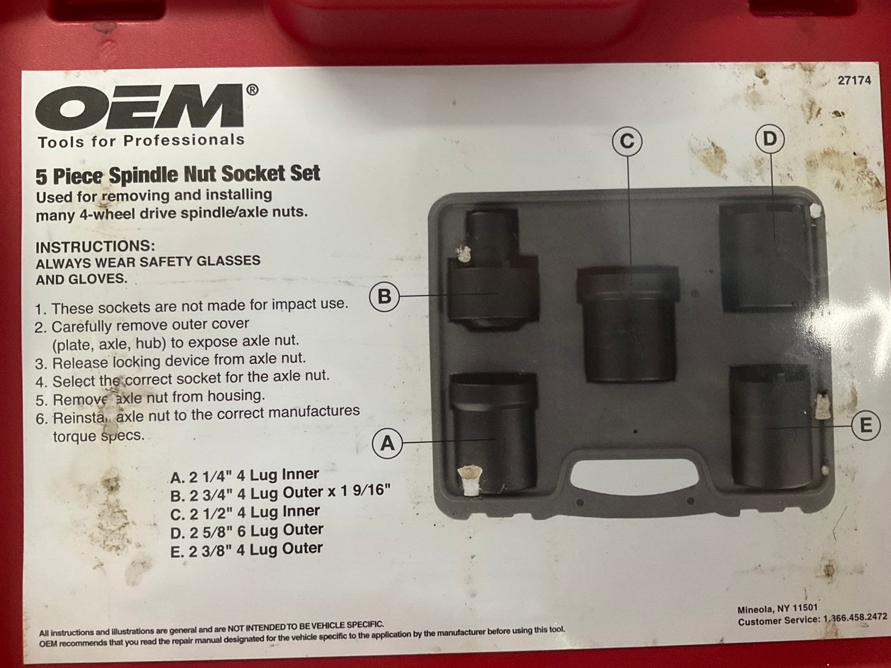 USED  OEM Tools 27174 1/2'' Drive 5-Piece 4WD Spindle Nut Remover Socket Tool Set