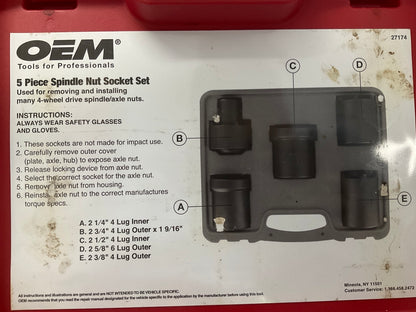 USED  OEM Tools 27174 1/2'' Drive 5-Piece 4WD Spindle Nut Remover Socket Tool Set
