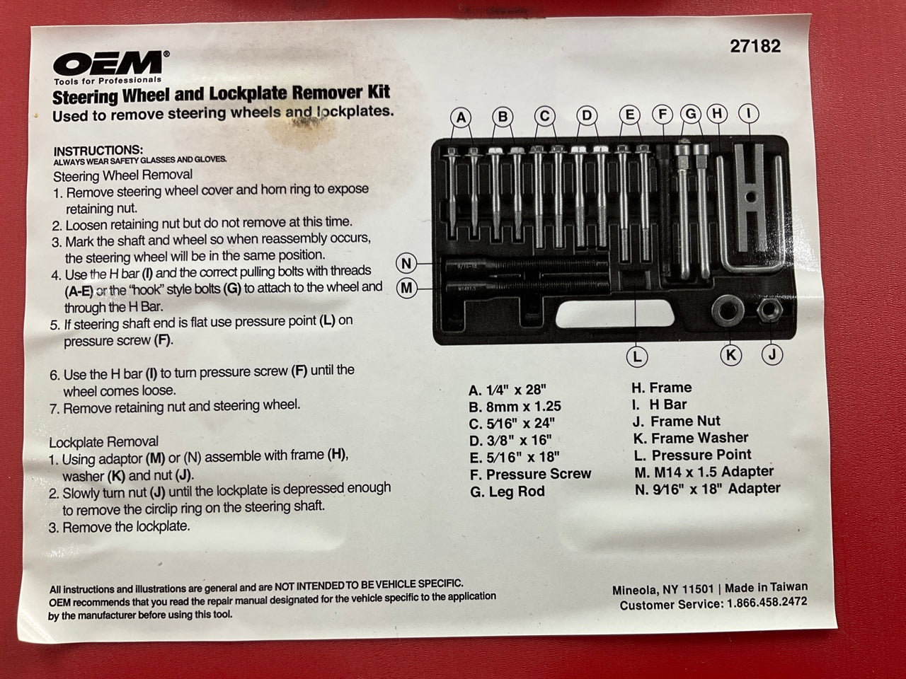 USED #12 - OEM TOOLS 27182 Steering Wheel Puller Set Removal Kit Lock Plate Tool