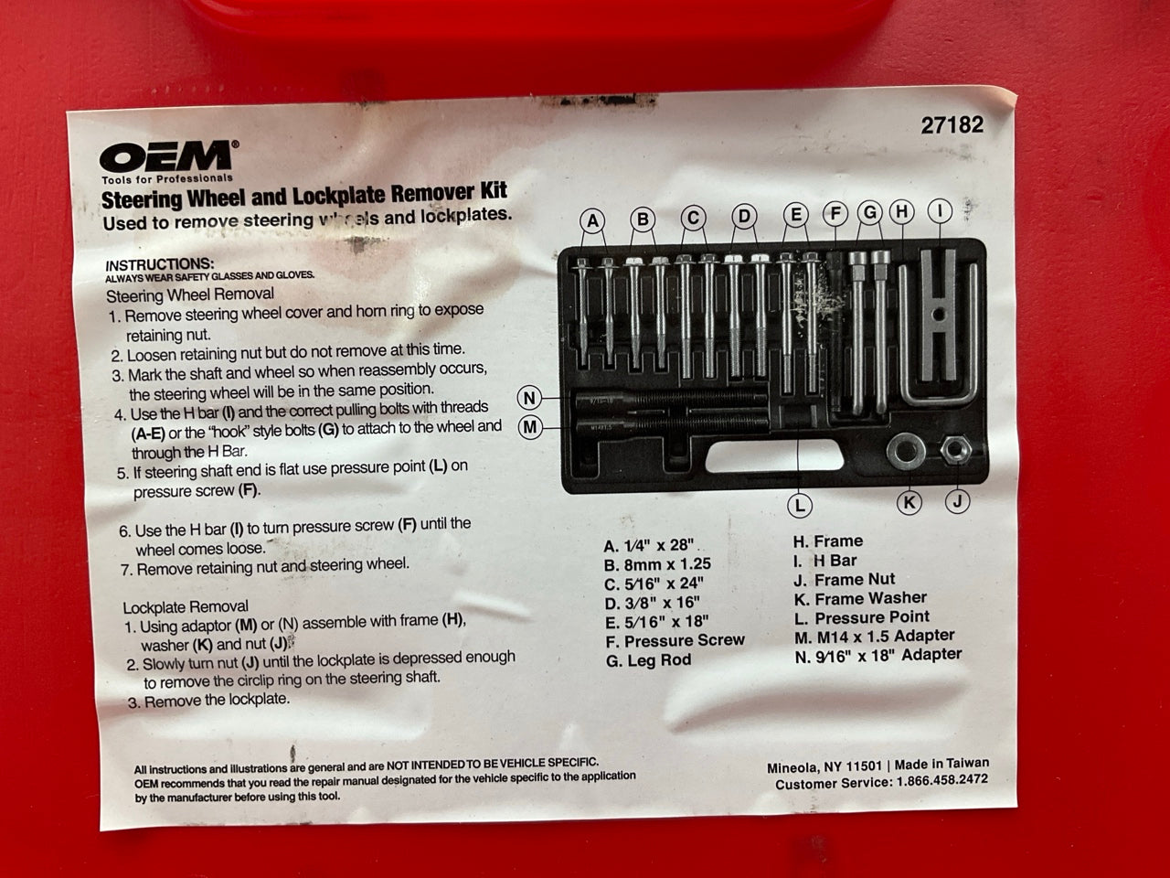 USED #20 - OEM TOOLS 27182 Steering Wheel Puller Set Removal Kit Lock Plate Tool