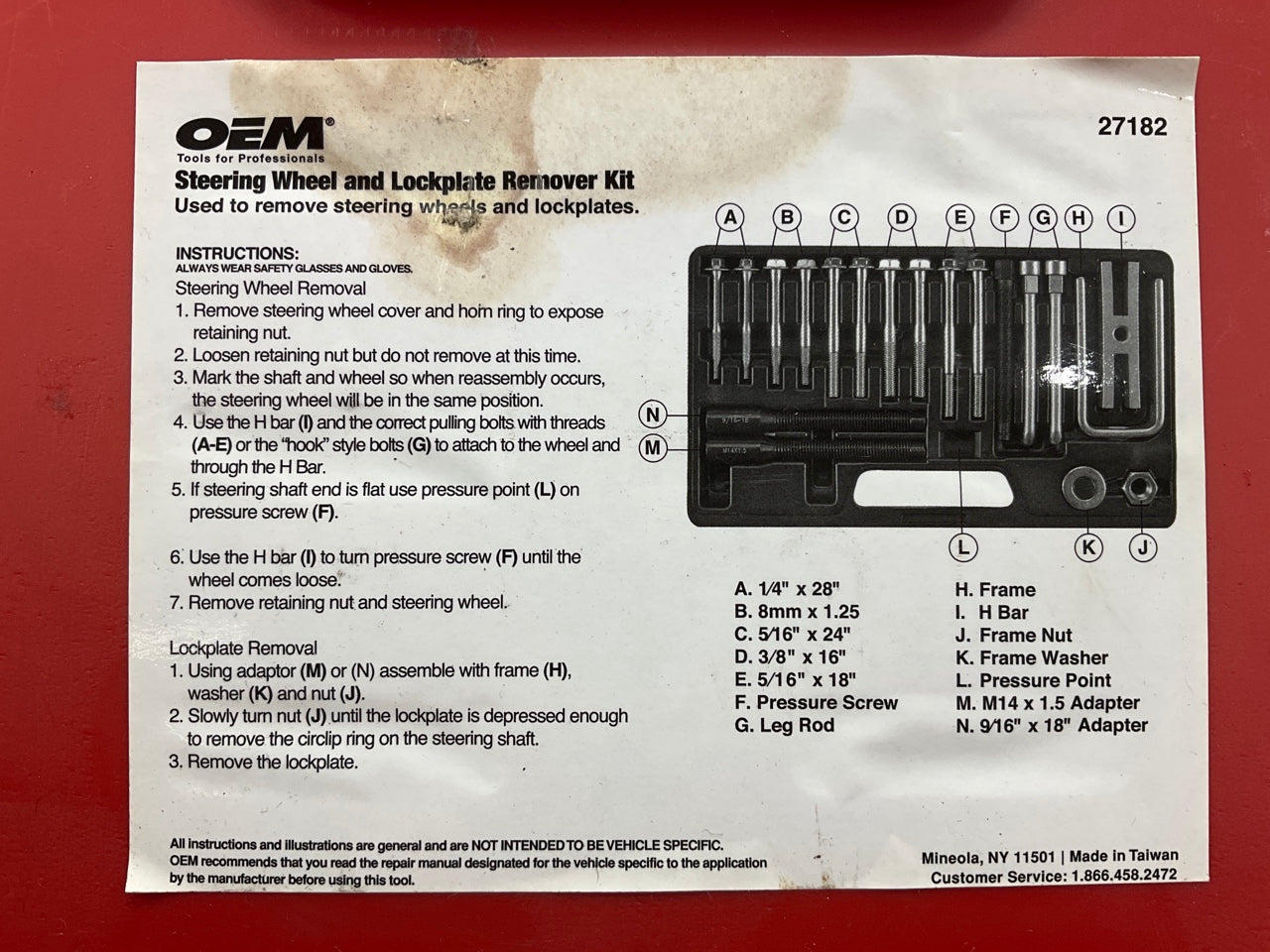 USED #22 - OEM TOOLS 27182 Steering Wheel Puller Set Removal Kit Lock Plate Tool