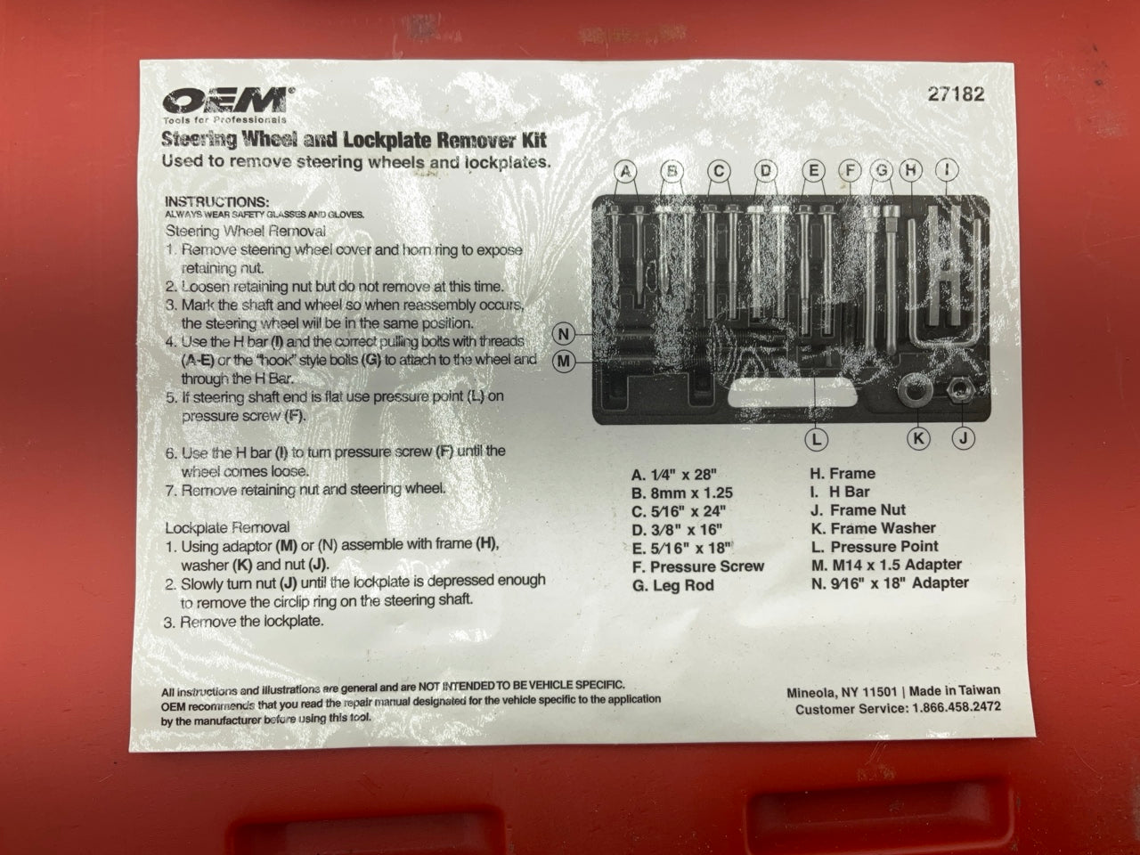USED #24 - OEM TOOLS 27182 Steering Wheel Puller Set Removal Kit Lock Plate Tool