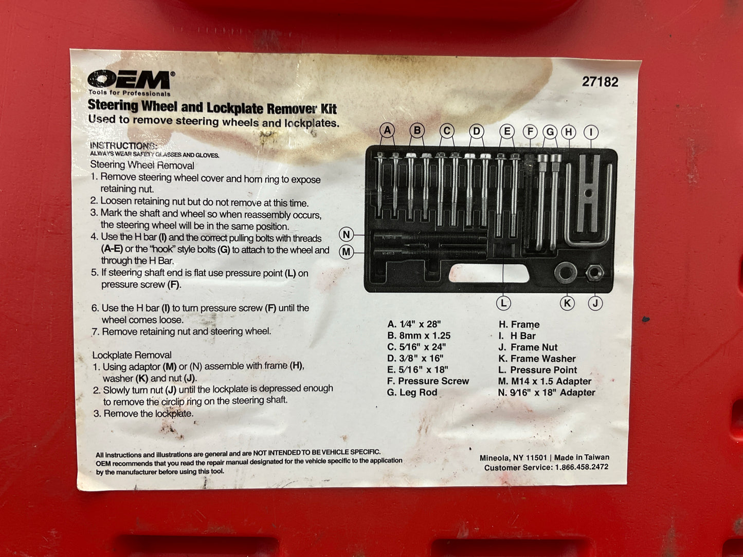 USED #27 - OEM TOOLS 27182 Steering Wheel Puller Set Removal Kit Lock Plate Tool
