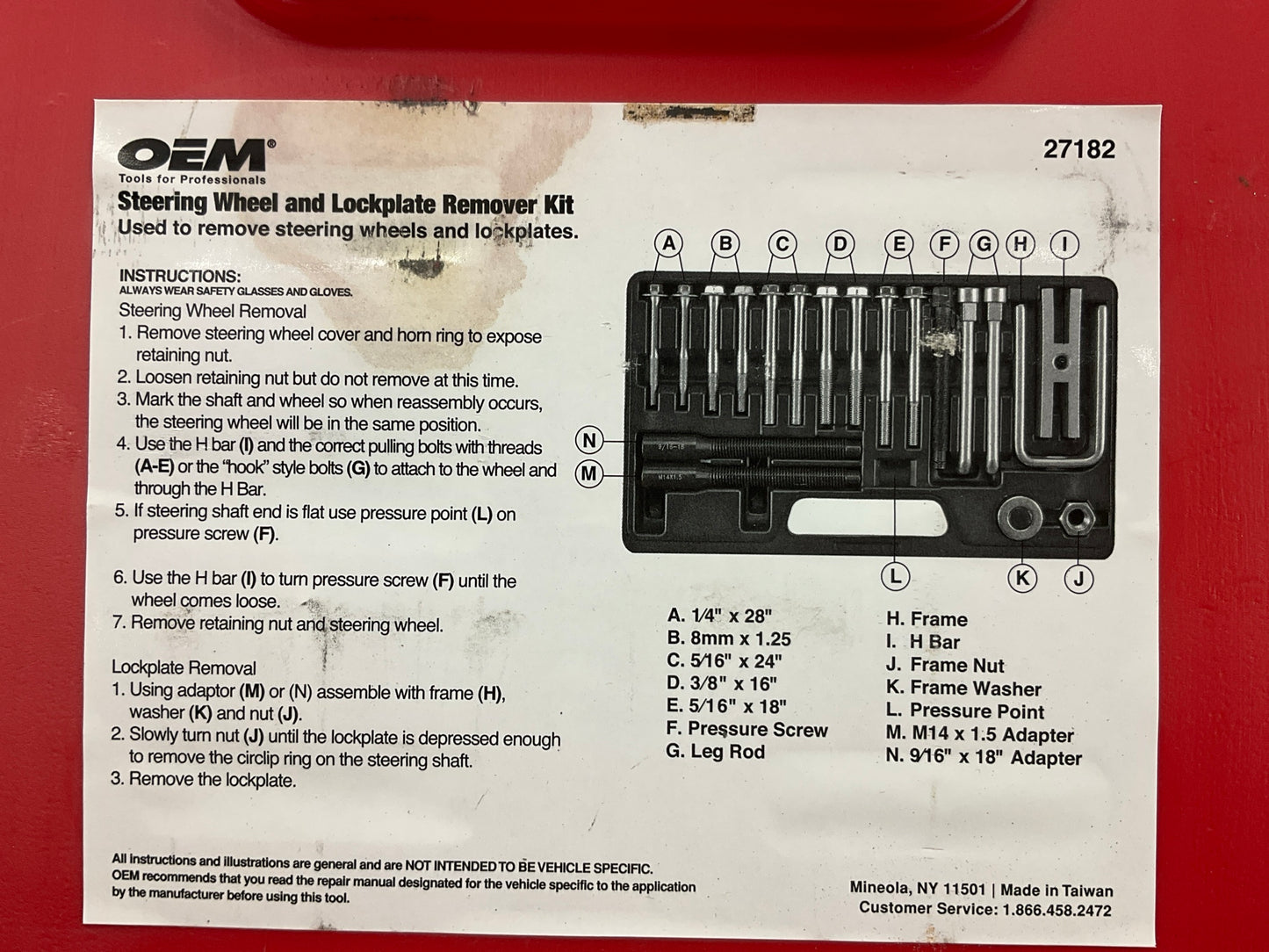 USED #30 - OEM TOOLS 27182 Steering Wheel Puller Set Removal Kit Lock Plate Tool