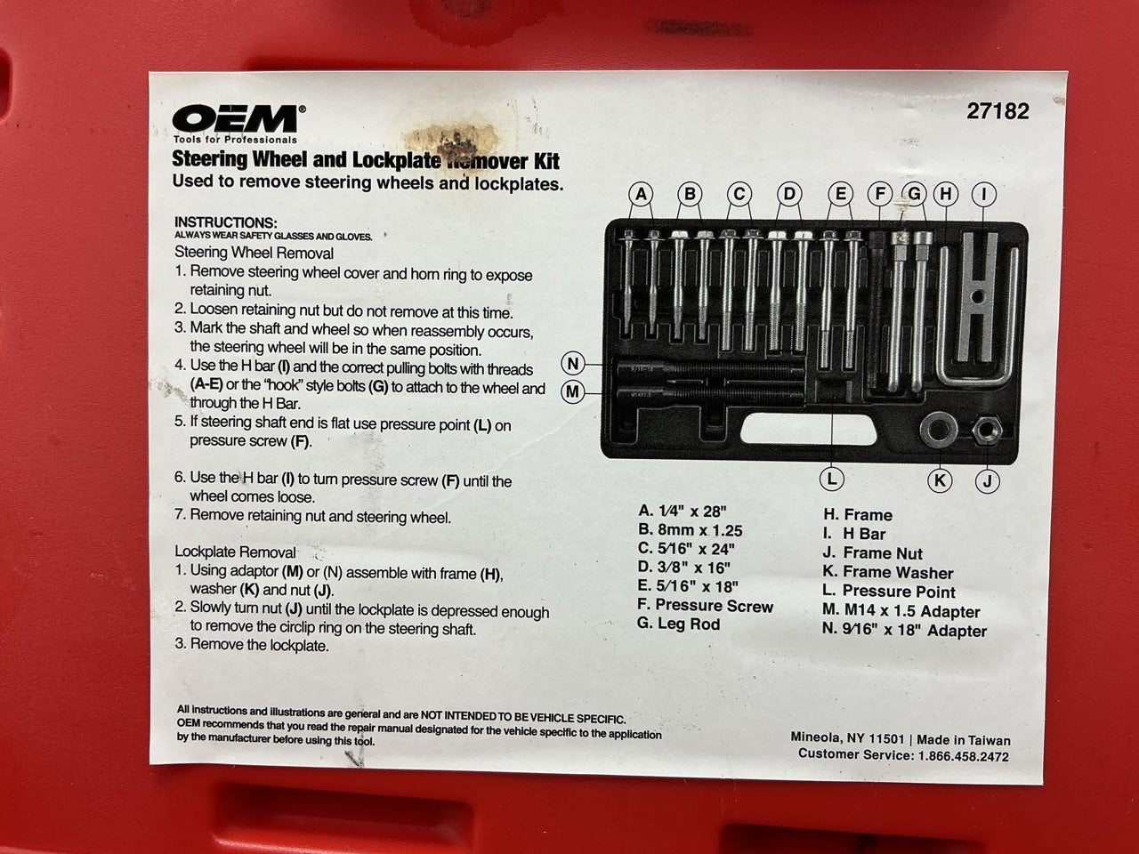 USED #34 - OEM TOOLS 27182 Steering Wheel Puller Set Removal Kit Lock Plate Tool